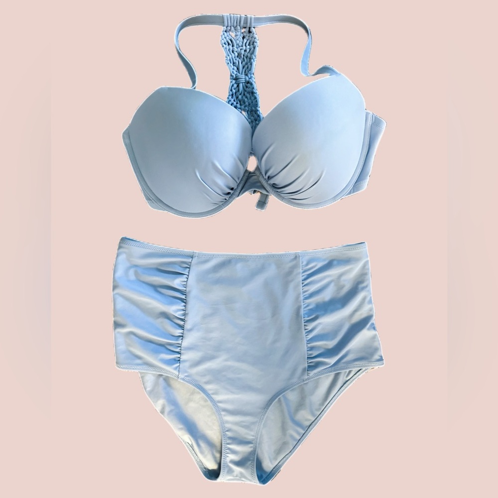 Aerie light Blue high waist bikini  top size DD (XL) bottoms size XL